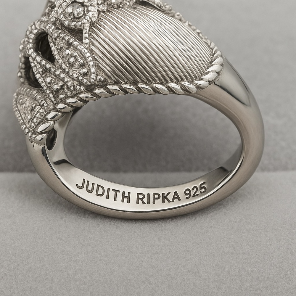 Judith Ripka London Blue Topaz Sterling Silver 925 Rope & Leaf Ring EC 8 #329 - Picture 3 of 12